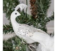 HKYFNNBW Ornamenti per albero di Natale glitterati a coda lunga con piume di pavone, decorazioni glitterate a clip per la decorazione della casa per feste di Natale (2 pezzi, bianco, 40 x 8 x 8 cm)