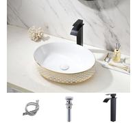 HLBLFY Lavello da bagno da 48 cm con rubinetto e scarico combo, 48 x 38 cm, lavello da bagno sopra il bancone in ceramica ovale in porcellana lavabo artistico a forma di conchiglia ovale lavello con