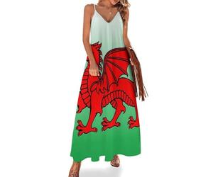 HLBSDM Abito Lungo da Donna con Spalline Sottili e Bandiera del Galles e Drago Gallese, Perfetto per L'Estate, la Spiaggia e Il Tempo Libero.