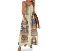 HLBSDM Abito Lungo da Donna Vintage con Spalline Sottili e Statua di Un Faraone dell'antico Egitto, Perfetto per L'Estate e la Spiaggia.