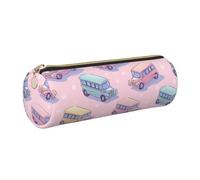 HLBSDM Astuccio in pelle, borsa rotonda per matite, astuccio rosa con autobus scolastici, organizer per penne, portatile con cerniera, grazioso materiale scolastico per ragazze e ragazzi, studio
