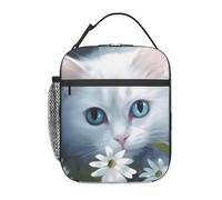 HLBSDM Bellissimo gattino bianco davanti a una margherita. Borsa termica riutilizzabile e a prova di perdite - Ideale per donne e uomini al lavoro, in ufficio, in viaggio o per un picnic.