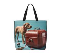 HLBSDM Bolso de mano para mujer, con diseño de perro y maleta, con cremallera, de gran capacidad, reutilizable, para la compra.