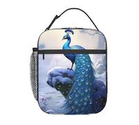 HLBSDM borsa termica in poliestere con pavone nella neve - Riutilizzabile, isolante e di grande capacità, ideale per lavoro, picnic e viaggi (adatta a uomini e donne)