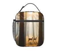 HLBSDM Borsa termica portatile e leggera con stampa di un cervo nel bosco - Piccola borsa riutilizzabile per donne e adulti, ideale per lavoro, viaggi e picnic.