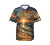 HLBSDM camicia da uomo a maniche corte con bottoni colorati per un tramonto sulla spiaggia, ideale per vacanze tropicali.