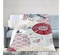 HLBSDM Coperta da viaggio in flanella leggera giapponese cinese con ventagli rossi e blu, 50"X40", facile da trasportare, adatta per campeggio e uso domestico.