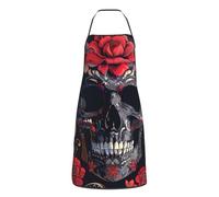 HLBSDM Grembiule da cuoco regolabile con stampa floreale nera a forma di teschio e tasche, unisex, per cucina, griglia, pittura e uso in ristorante