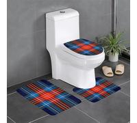 HLBSDM Semplice stampa geometrica in lana a scacchi e righe rosse, blu e bianche su tessuto retrò nero (2) Set di 3 tappeti da bagno Tappetini in morbida flanella con tappeto a forma di U Copriwater