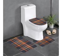 HLBSDM Set di 3 tappetini da bagno in flanella a quadri blu navy e arancione: tappeto da bagno, copriwater e tappetino per vasca | Morbidezza come una nuvola