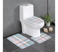 HLBSDM Set di 3 tappetini da bagno in flanella a quadri nei toni pastello blu, rosa, tortora e bianco: tappeto da bagno, copriwater e tappetino per vasca | Morbidezza come una nuvola