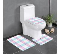 HLBSDM Set di 3 tappetini da bagno in flanella scozzese blu e rosa, composto da tappeto da bagno, copriwater e tappetino per vasca | Morbidezza come una nuvola