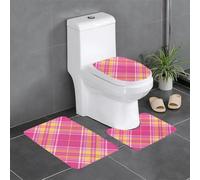 HLBSDM Set di 3 tappetini da bagno in flanella scozzese rosa e gialla: tappeto da bagno, copriwater e tappetino per vasca | Morbidezza come una nuvola