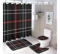 HLBSDM Set di 4 tende da a con motivo a quadri scozzesi e gabbia scozzese, tenda da a con 12 ganci, tappetini antiscivolo e coperchio del water, set da bagno per accessori di arredo bagno