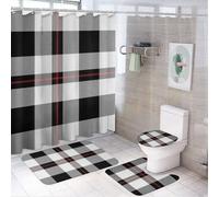 HLBSDM Set di 4 tende da a con motivo a quadri scozzesi e gabbia scozzese, tenda da a con 12 ganci, tappetini antiscivolo e coperchio del water, set da bagno per accessori di arredo bagno