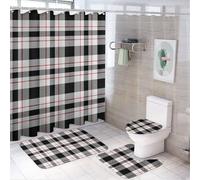 HLBSDM Set di 4 tende da a con motivo a quadri scozzesi e gabbia scozzese, tenda da a con 12 ganci, tappetini antiscivolo e coperchio del water, set da bagno per accessori di arredo bagno