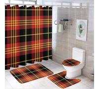 HLBSDM Set di 4 tende da a con motivo a quadri scozzesi e gabbia scozzese, tenda da a con 12 ganci, tappetini antiscivolo e coperchio del water, set da bagno per accessori di arredo bagno