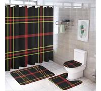 HLBSDM Set di 4 tende da a con motivo a quadri scozzesi e gabbia scozzese, tenda da a con 12 ganci, tappetini antiscivolo e coperchio del water, set da bagno per accessori di arredo bagno