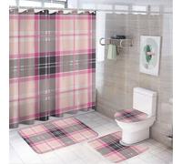 HLBSDM Set di 4 tende da a con motivo scozzese a gabbia, tenda da a con 12 ganci, tappetini antiscivolo e coperchio del water, set da bagno per accessori di arredo bagno