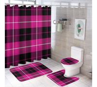 HLBSDM Set di 4 tende da a con motivo scozzese a quadri rosa, motivo a gabbia scozzese, tenda da a con 12 ganci, tappetini antiscivolo e coperchio del water, set da bagno per accessori di arredo