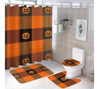 HLBSDM Set di 4 tende da a con motivo tartan di Halloween, gabbia scozzese e zucche, tenda da a con 12 ganci, tappetini antiscivolo e coperchio del water, set da bagno per accessori di arredamen