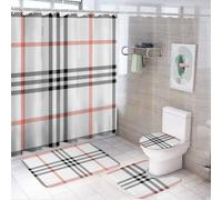 HLBSDM Set di tende da a a quadri con motivo scozzese a gabbia, 4 pezzi, tenda da a con 12 ganci, tappetini antiscivolo e coperchio per WC, set da bagno per accessori di arredo bagno