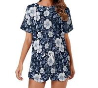 HLBSDM Set Pigiama Classico da Donna con Stampa Floreale Bianca e Blu, Maniche Corte, Composto da 2 Pezzi per Il Relax e la Notte.