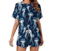 HLBSDM Set Pigiama da Donna Blu Navy con Stampa di, Maniche Corte, 2 Pezzi, Abbigliamento da casa, Pigiama