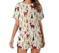 HLBSDM Set Pigiama da Donna con Stampa di Cervi e Uccelli nella Foresta, Maniche Corte, 2 Pezzi, Abbigliamento da casa, Pigiama