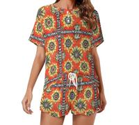 HLBSDM Set Pigiama da Donna Vintage Boho con Stampa Girasoli, Maniche Corte, 2 Pezzi, Abbigliamento da casa, Pigiama per Il Relax