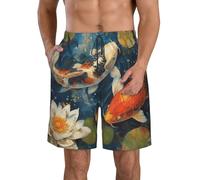 HLBSDM Short de Bain à séchage Rapide pour Homme, Motif Poisson, Fleurs de Lotus, peinture à l'huile, Style Asiatique, avec poches