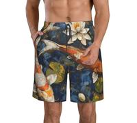 HLBSDM Short de Bain à séchage Rapide pour Homme, Motif Poisson, peinture à l'huile, Fleurs de Lotus, Style Asiatique, avec poches