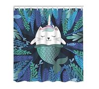 HLBSDM Tenda da doccia con gatto, unicorno e sirena, divertente, magica, con cartoni animati, subacquea, lavabile in lavatrice, idrorepellente, colorata, 72x72 pollici