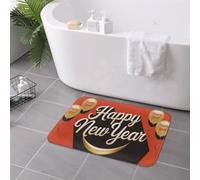 HLBSDM Zerbino antiscivolo in flanella, piccolo e resistente, per interni, cattura-sporco, per ingresso, 24 x 16 pollici, con scritta Happy New Year in beige e oro e sfondo rosso e nero.