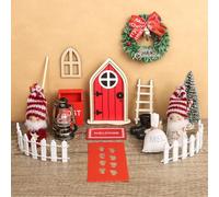 HLEIUKT Porta Elfo Natale Kit, 19 Pezzi Porta degli Elfi Natale Accessori, Miniature Casetta Elfo Natale in Legno con Gnomi Porta Albero di Natale Scala Stivali Scopa Lampada a Olio