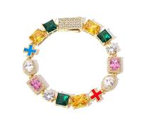 HLGDSWO Bracciale Hip Hop da uomo con gemme quadrate multicolori e ciondolo a forma di croce, gioielli di moda for donna(Gold,8inch 20.32cm)