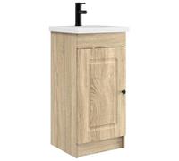 hliofuir Mobile da bagno con lavabo e rubinetto, in rovere Sonoma | Lavabo compatto per WC e bagno degli ospiti in robusto legno con vano armadio ed elegante pomello in metallo nero.