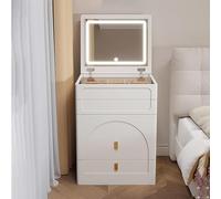 Hlixzoy ,60cm,Toeletta con Specchio a ribalta e Piano in Vetro LED Intelligente - Sgabello Imbottito con Spazio di archiviazione Removibile, Set vanità Bianco Illuminato con Sedia e Specchio