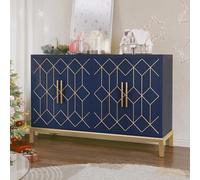 HLR Armadietto da 122 cm con 4 ante e ripiani, credenza moderna Credenza con finiture dorate, credenza buffet per soggiorno, cucina, sala da pranzo, corridoio, blu