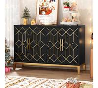HLR Armadietto da buffet con 4 ante e ripiani, con finiture dorate, moderno nero per soggiorno, ingresso, cucina, sala da pranzo, corridoio