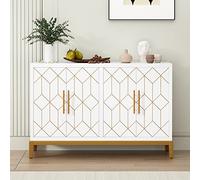 HLR Credenza con 4 ante e mensole, credenza autoportante con linee dorate, armadio moderno Credenza per soggiorno, ingresso, cucina, sala da pranzo, bianco