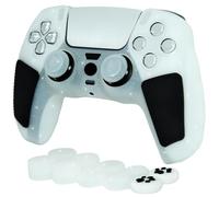 HLRAO Cover in silicone antiscivolo con glitter bianchi e borchie, compatibile con controller PS5, include 8 impugnature per pollice glitterate bianche e 2 accessori per zampe di gatto.