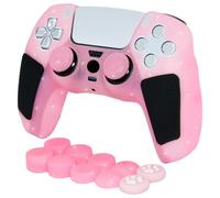 HLRAO Cover in silicone antiscivolo rosa glitterata morbida e spessa compatibile con controller PS5, include 8 impugnature rosa per pollice Glow e 2 accessori per zampe di gatto.