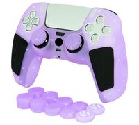 HLRAO Cover in silicone antiscivolo viola glitterata morbida e spessa compatibile con controller PS5, include 8 impugnature viola glitterate e 2 accessori per impugnature a forma di zampa di gatto.