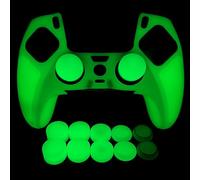 HLRAO Cover protettiva antiscivolo in silicone verde fosforescente compatibile con controller PS5 Edge, 8 tappi per pollice e 2 tappi per impugnature che si illuminano al buio.