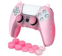 HLRAO Cover protettiva in silicone antiscivolo con gatto rosa glitterato compatibile con controller PS5/Slim/Pro, 8 tappi per pollice glitterati e 2 tappi per impugnature a zampa.