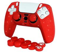 HLRAO Cover protettiva in silicone antiscivolo con glitter rosso compatibile con controller PS5/Slim/Pro, 8 tappi per pollice e 2 tappi per impugnature (rosso glitterato)