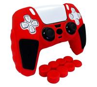 HLRAO -Rosso Nero Cover protettiva antiscivolo per controller, in silicone morbido e spesso con borchie, compatibile con controller PS5/Slim/Pro, con 8 cappucci per impugnature per i pollici.