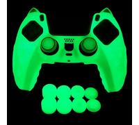 HLRAO -Verde Glow in the dark Cover protettiva antiscivolo compatibile con controller PS5/Slim/Pro, Include 8 pezzi di impugnature per il pollice Green Glow e 2 accessori Glow Grips.