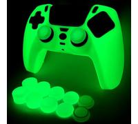HLRAO -Verde Glow in the dark Cover protettiva antiscivolo compatibile con controller PS5/Slim/Pro, Include 8 pezzi di impugnature per il pollice Green Glow e 2 accessori Glow Grips.